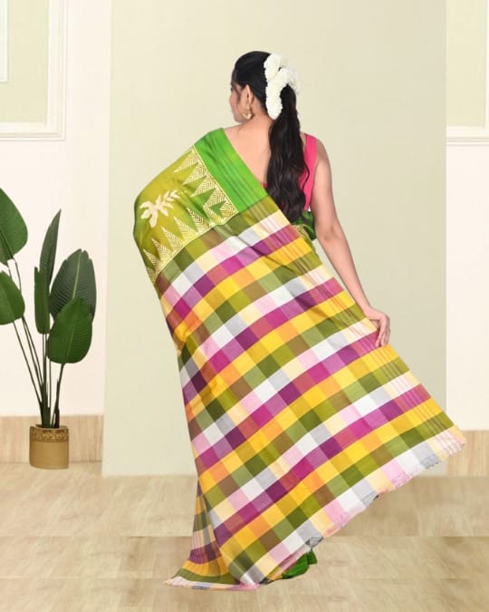 Green Colour Hand Block Printed Mulberry Katan Silk with Checks Design Anchal