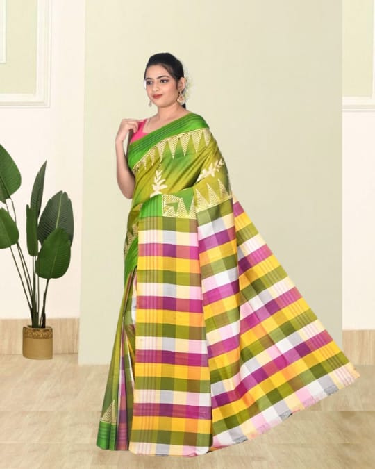 Green Colour Hand Block Printed Mulberry Katan Silk with Checks Design Anchal