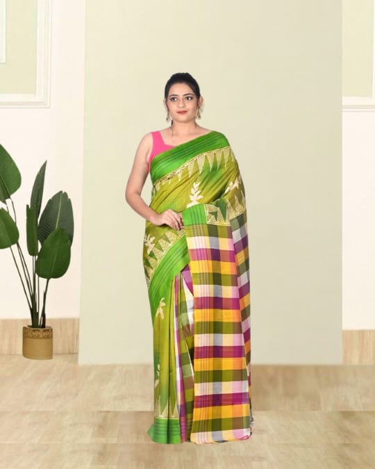Green Colour Hand Block Printed Mulberry Katan Silk with Checks Design Anchal