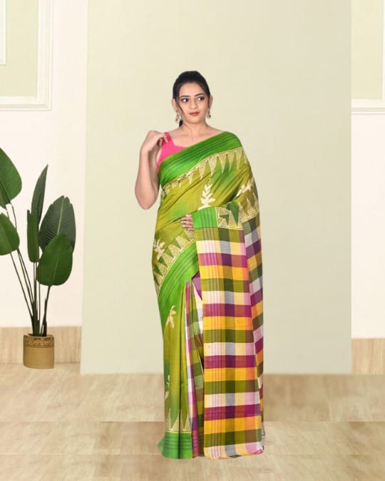Green Colour Hand Block Printed Mulberry Katan Silk with Checks Design Anchal