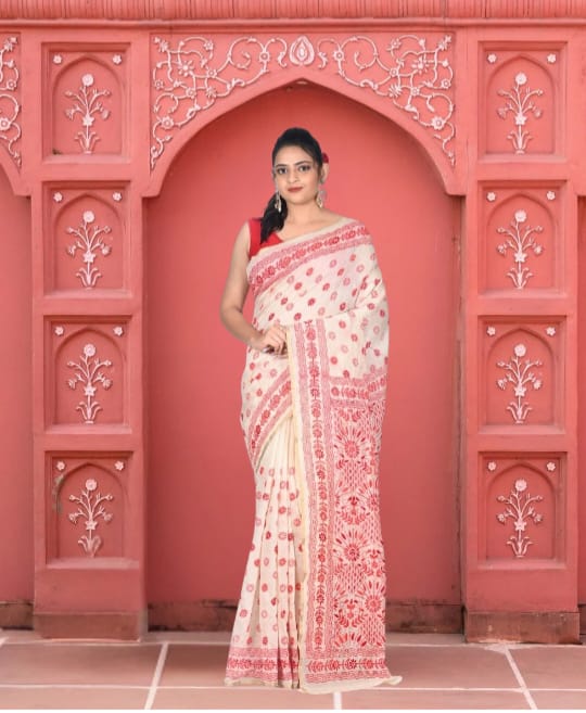 Hand Kantha Embroidery Work on off white Chanderi Cotton Silk