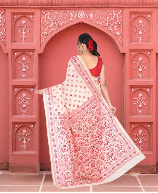 Hand Kantha Embroidery Work on off white Chanderi Cotton Silk