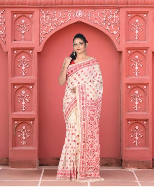 Hand Kantha Embroidery Work on off White Hand block Printed Chanderi Cotton