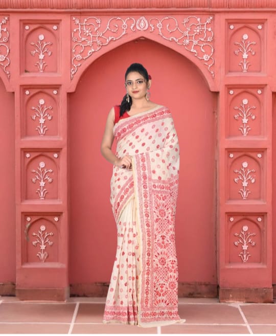 Hand Kantha Embroidery Work on off white Chanderi Cotton Silk