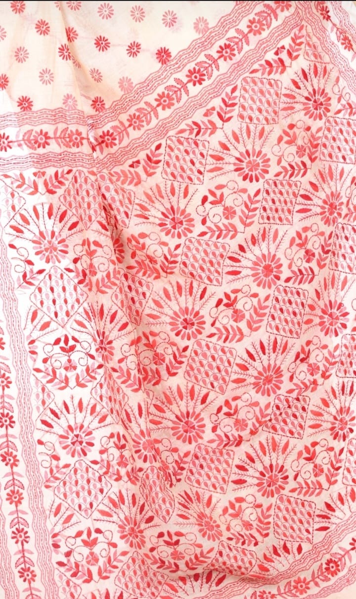 Hand Kantha Embroidery Work on off white Chanderi Cotton Silk