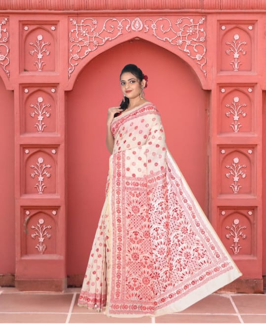 Hand Kantha Embroidery Work on off white Chanderi Cotton Silk