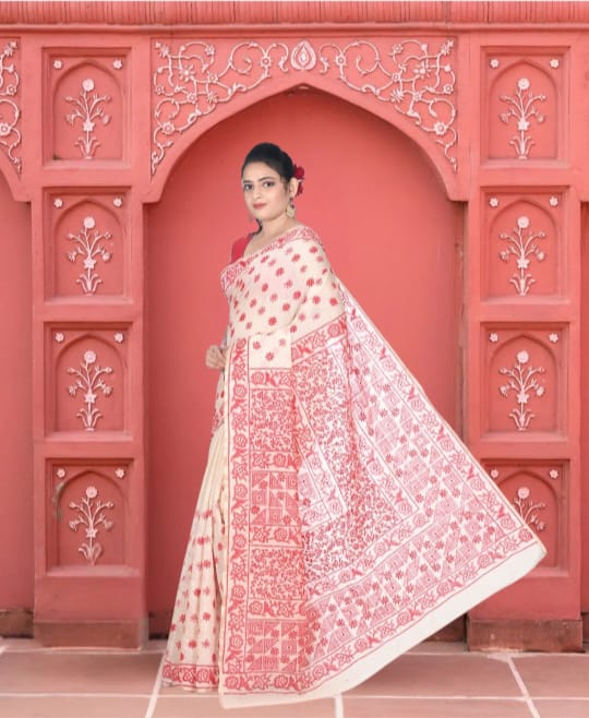 Hand Kantha Embroidery Work on off White Hand block Printed Chanderi Cotton