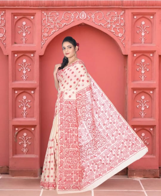 Hand Kantha Embroidery Work on off White Hand block Printed Chanderi Cotton