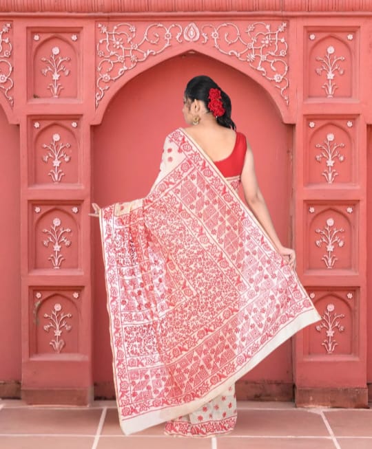 Hand Kantha Embroidery Work on off White Hand block Printed Chanderi Cotton