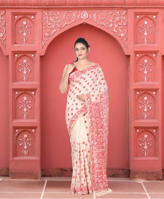 Hand Kantha Embroidery Work on off White Hand block Printed Chanderi Cotton