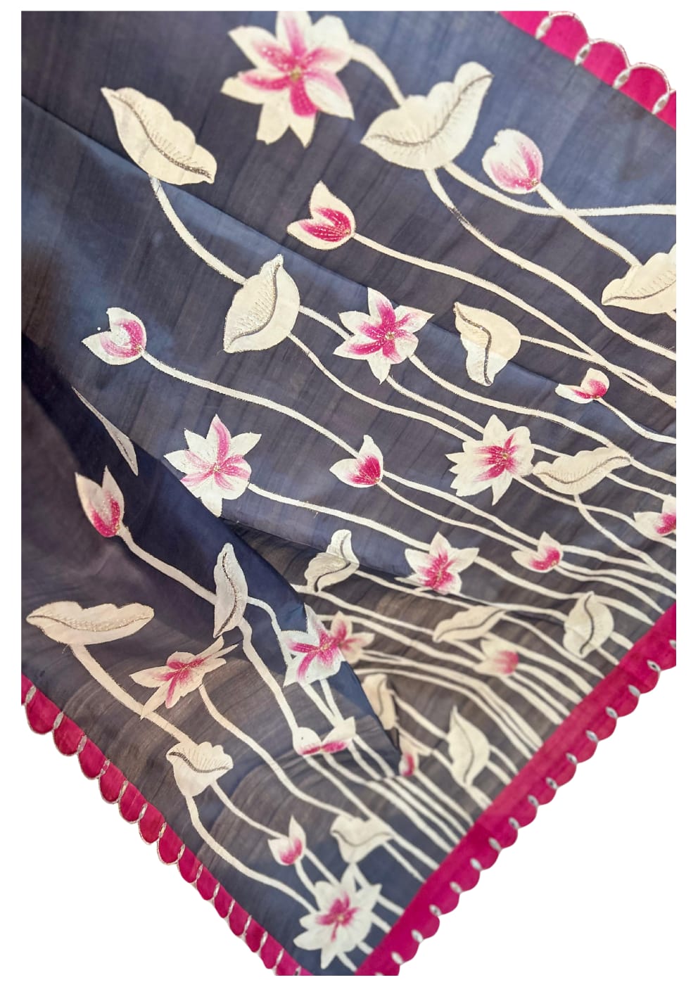 Dark Grey White and Magenta Colour Hand Brush Painted Mulberry Katan Silk with Embroidery work on the Design
