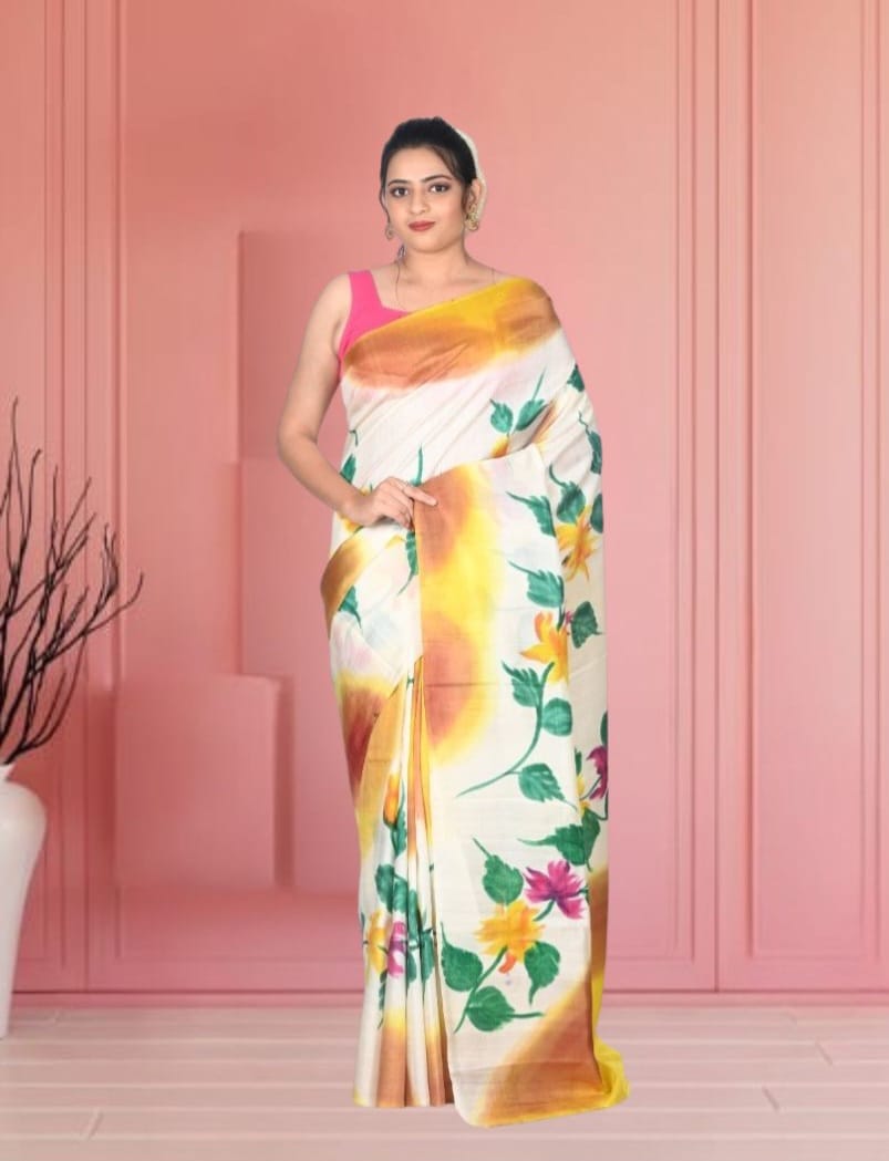 White Yellow Green Pink Multicolour Hand Brush Painted Mulberry Katan Silk