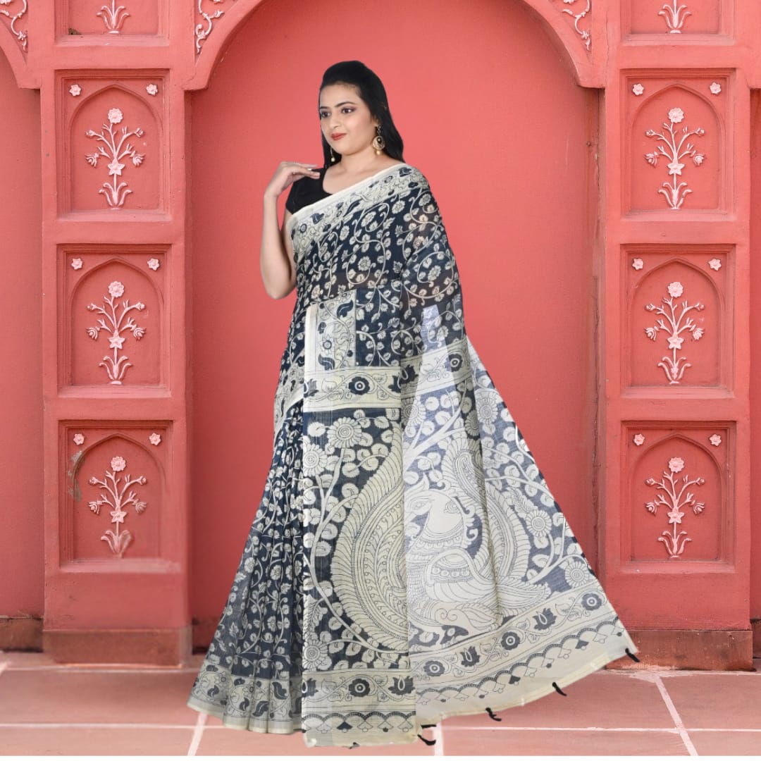 Black and White Kalamkari Linen Saree