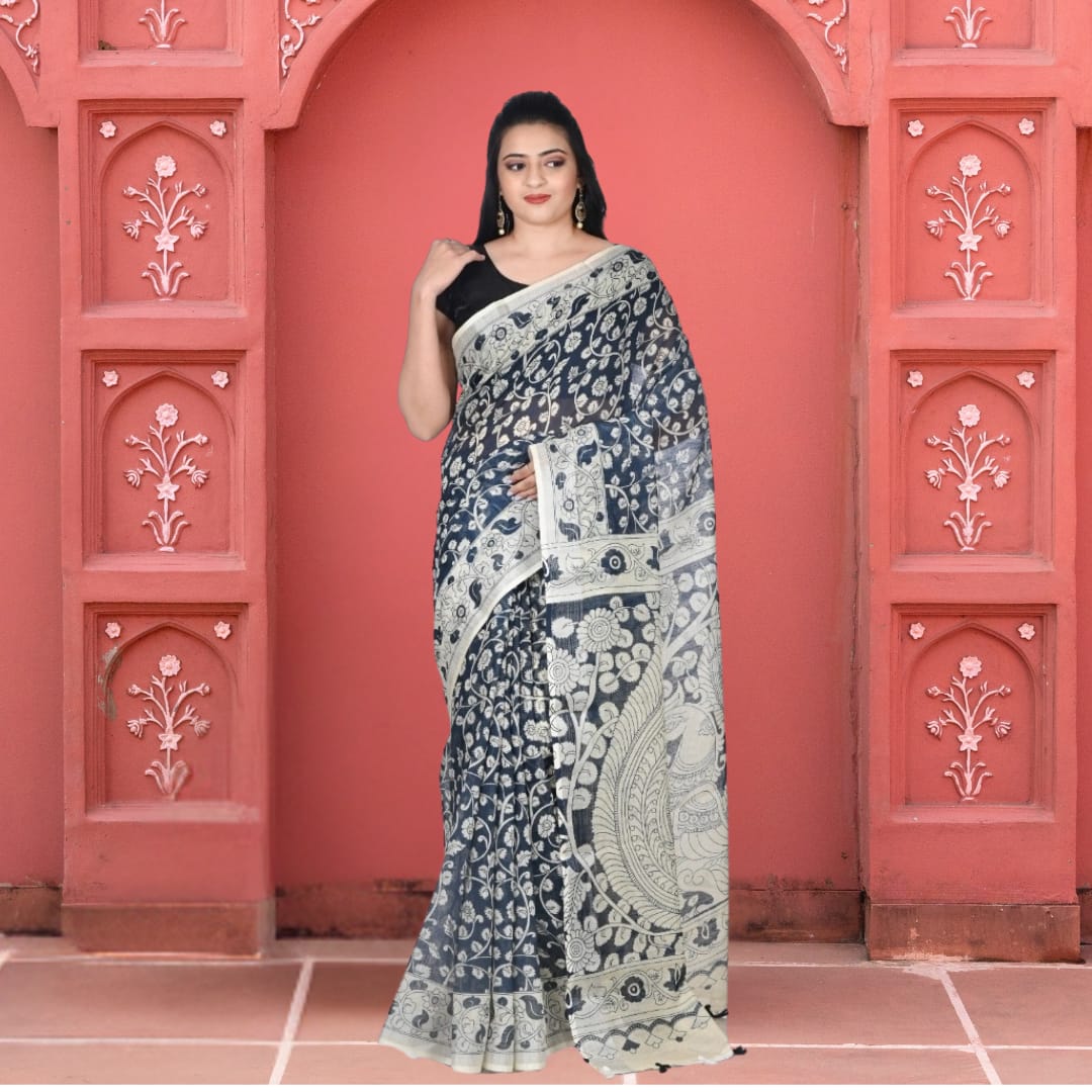 Black and White Kalamkari Linen Saree