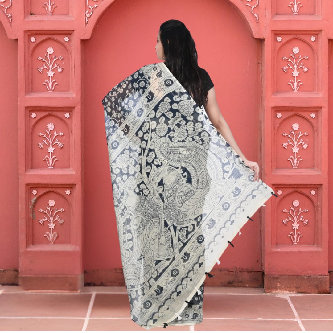 Black and White Kalamkari Linen Saree