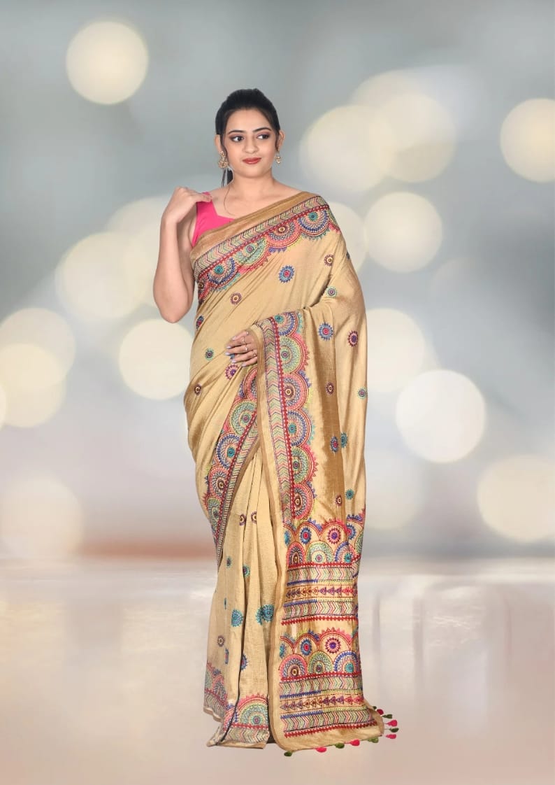 Hand Lambani Embroidery Work on Beige Colour Crape Silk Saree