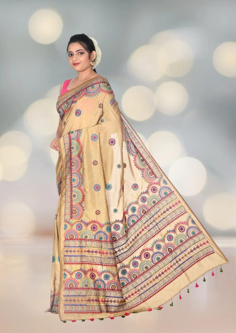 Hand Lambani Embroidery Work on Beige Colour Crape Silk Saree