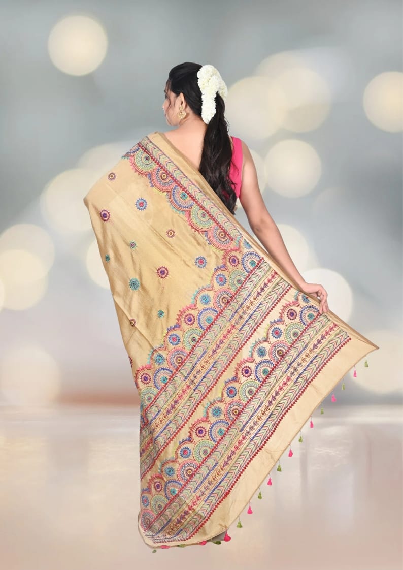 Hand Lambani Embroidery Work on Beige Colour Crape Silk Saree