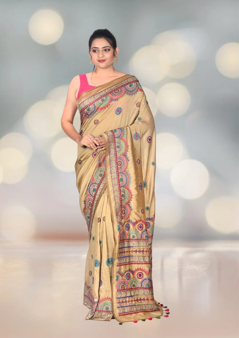 Hand Lambani Embroidery Work on Beige Colour Crape Silk Saree