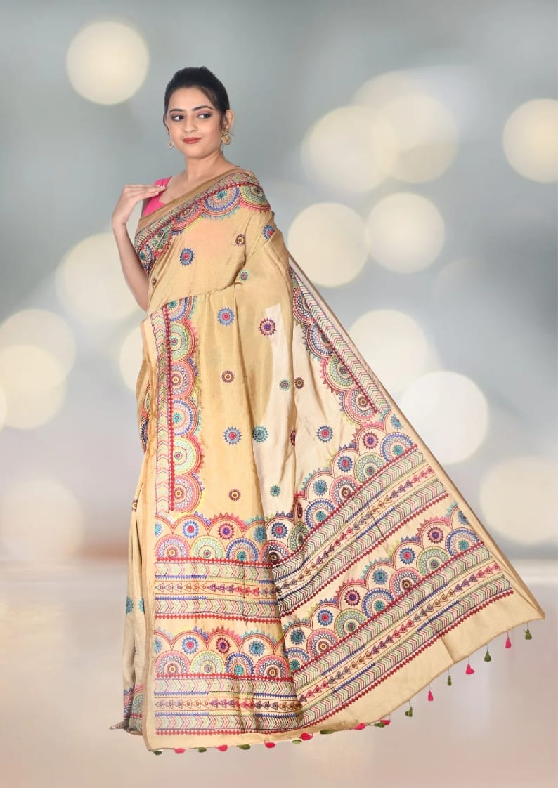 Hand Lambani Embroidery Work on Beige Colour Crape Silk Saree