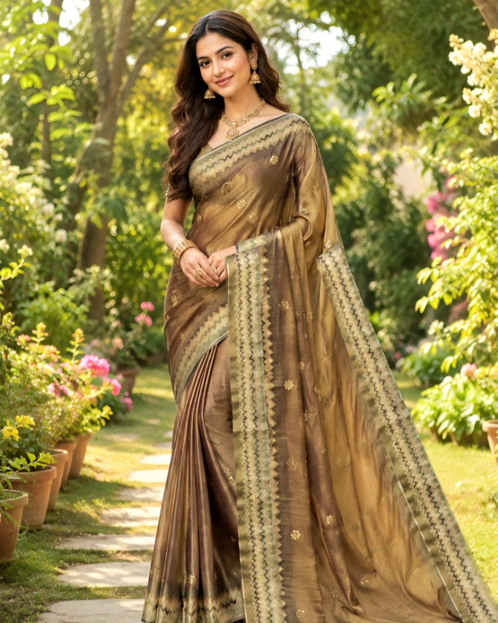 Dual Shade Brown Colour Kosa Silk Saree with Embroidery Work in the Body