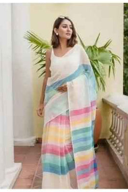 Multi Colour Digital Printed Linen Saree
