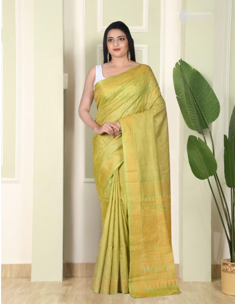 Hand Kantha Embroidery Work on Mehendi Green Colour Ganchi Tussar Silk Saree