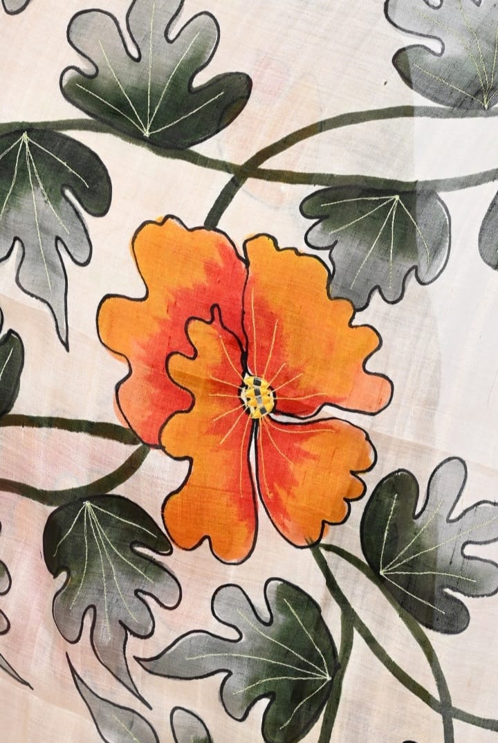 Off White Body with Multicolour Flower Hand Brush Painted and Hand Embroiderd Mulberry Katan Silk