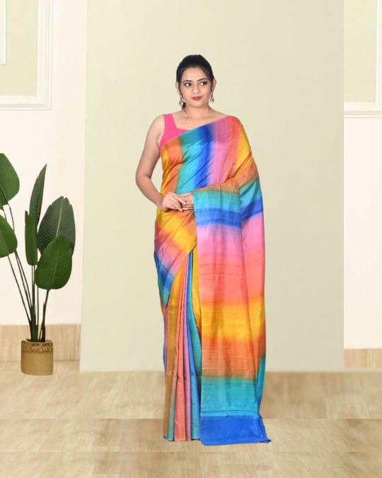 Multicolour Hand Brush Painted Mulberry Katan Silk Saree