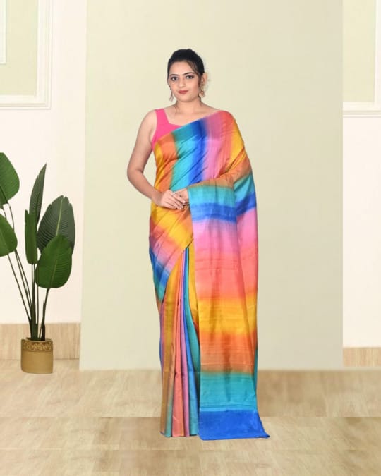 Multicolour Hand Brush Painted Mulberry Katan Silk Saree