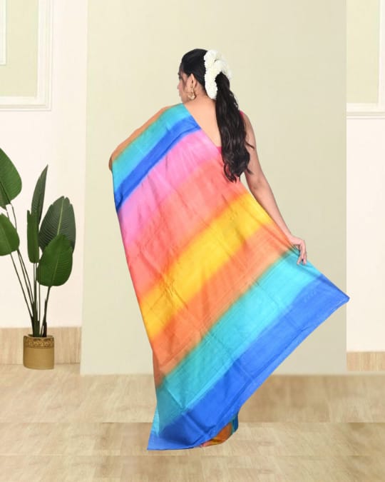 Multicolour Hand Brush Painted Mulberry Katan Silk Saree