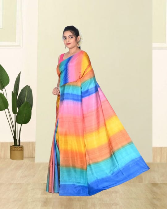 Multicolour Hand Brush Painted Mulberry Katan Silk Saree