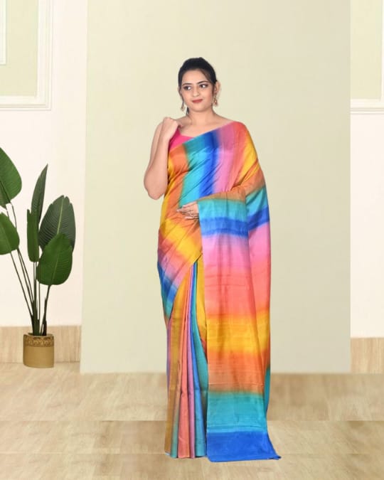 Multicolour Hand Brush Painted Mulberry Katan Silk Saree