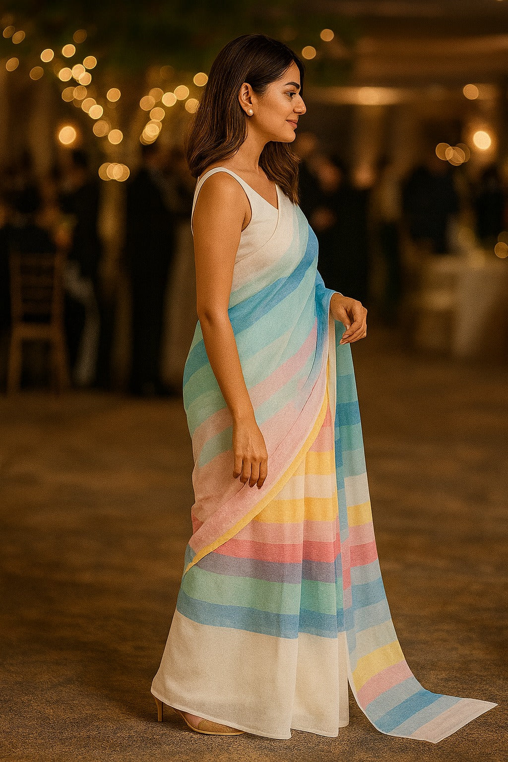 Multi Colour Digital Printed Linen Saree