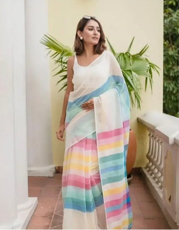 Multi Colour Digital Printed Linen Saree