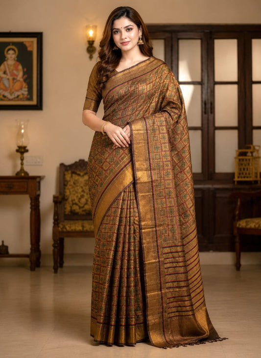 Mustard Golden Yellow Tussar Silk Saree with Full Body Embroidery Work