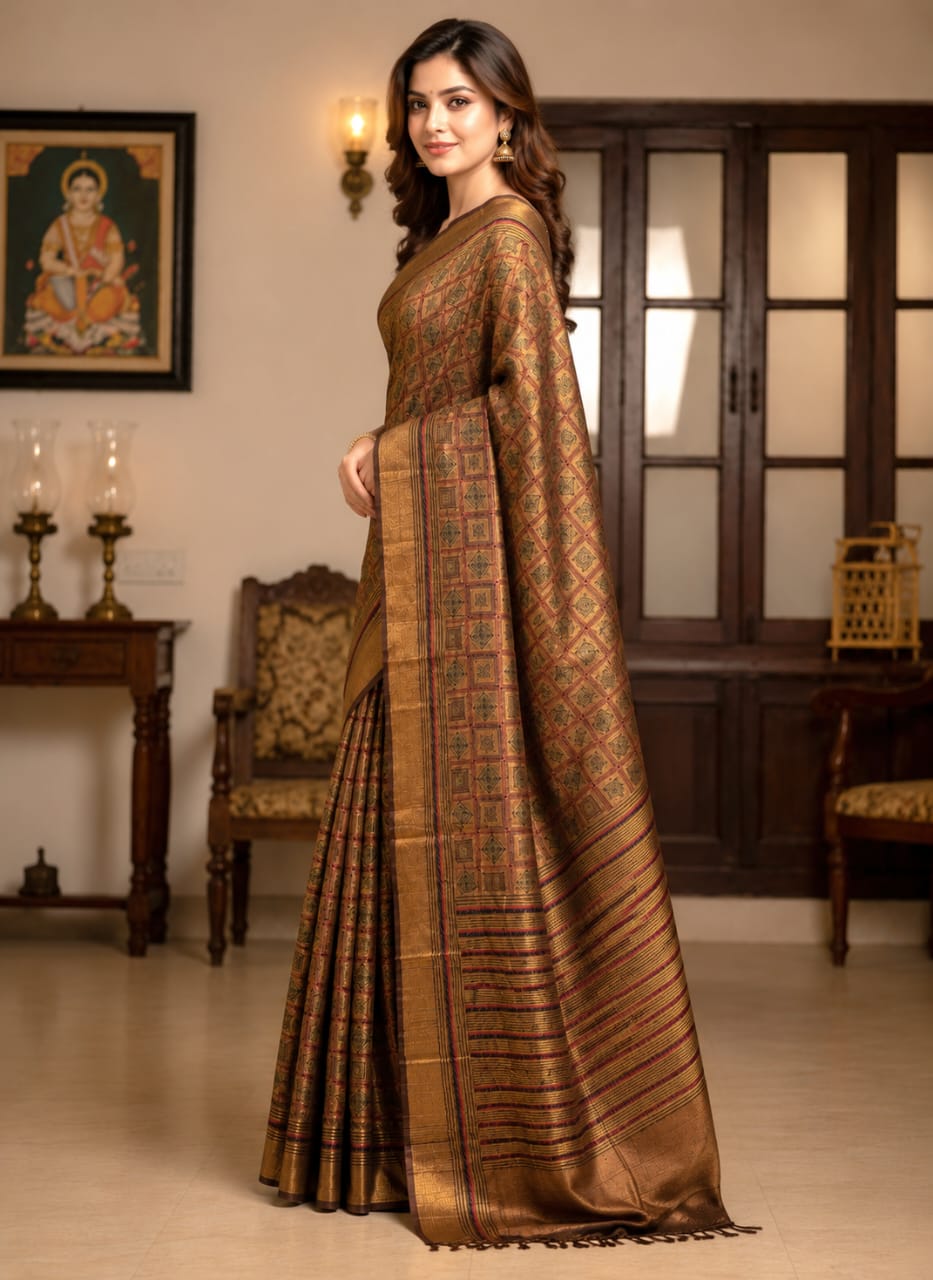 Mustard Golden Yellow Tussar Silk Saree with Full Body Embroidery Work