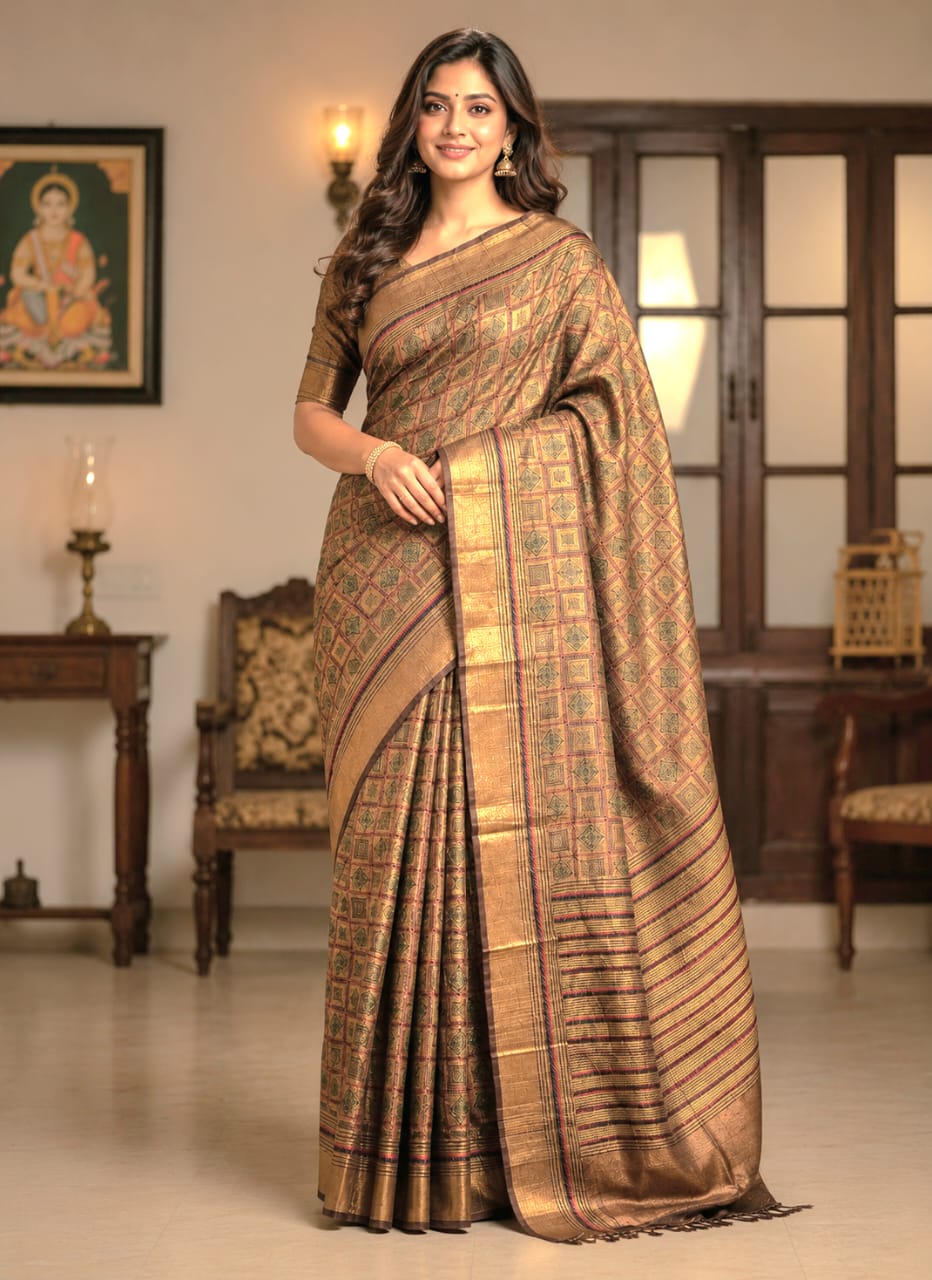 Mustard Golden Yellow Tussar Silk Saree with Full Body Embroidery Work