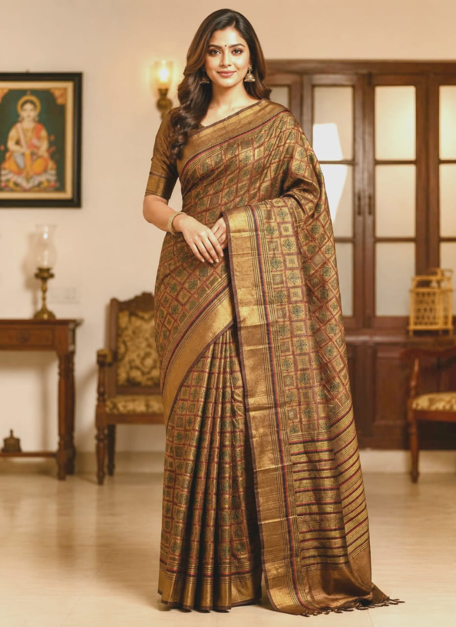 Mustard Golden Yellow Tussar Silk Saree with Full Body Embroidery Work
