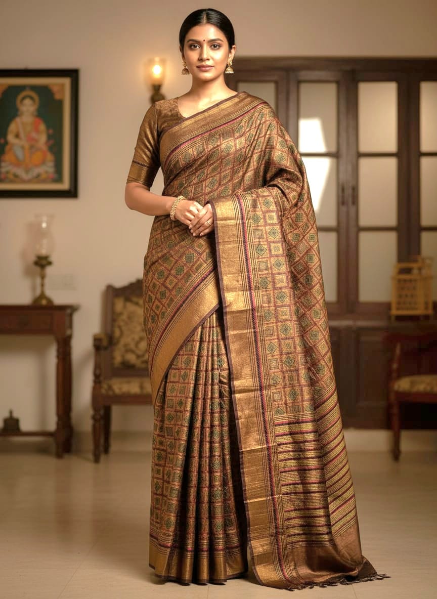 Mustard Golden Yellow Tussar Silk Saree with Full Body Embroidery Work