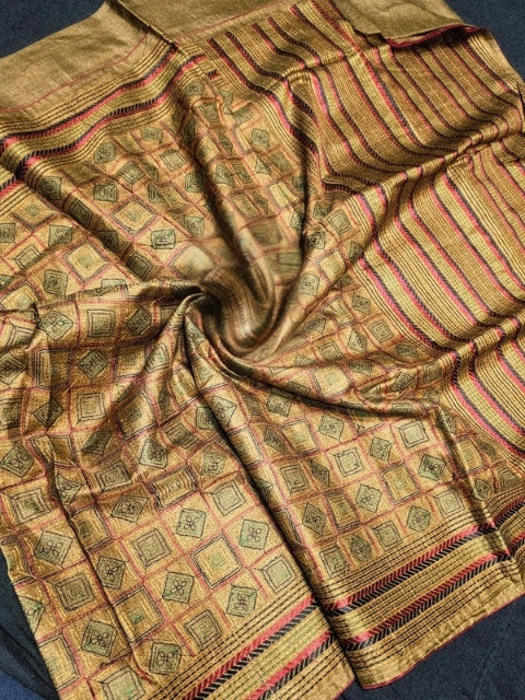 Mustard Golden Yellow Tussar Silk Saree with Full Body Embroidery Work