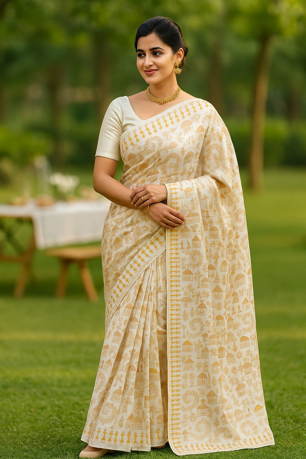 Off White Tussar Silk with Full Body Embroidery Work