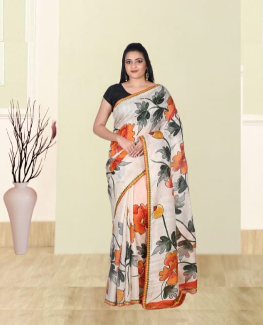 Off White Body with Multicolour Flower Hand Brush Painted and Hand Embroiderd Mulberry Katan Silk