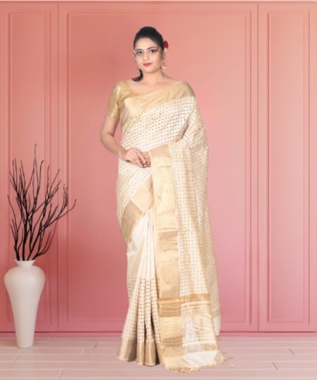 Hand Cutwork Design On Pure Ganchi Tussar Silk Saree With Zari Border