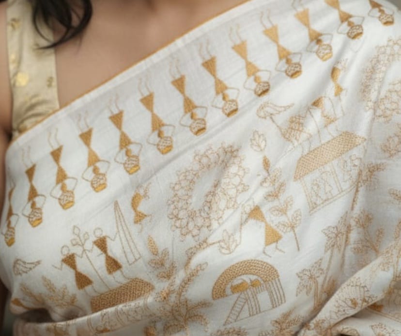 Off White Tussar Silk with Full Body Embroidery Work