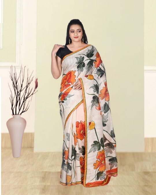 Off White Body with Multicolour Flower Hand Brush Painted and Hand Embroiderd Mulberry Katan Silk