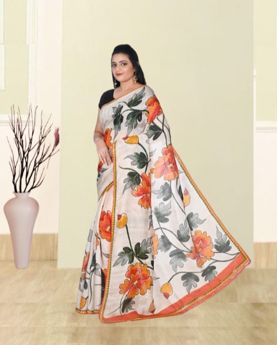 Off White Body with Multicolour Flower Hand Brush Painted and Hand Embroiderd Mulberry Katan Silk