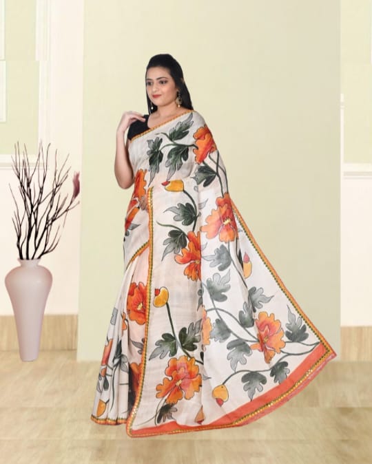 Off White Body with Multicolour Flower Hand Brush Painted and Hand Embroiderd Mulberry Katan Silk