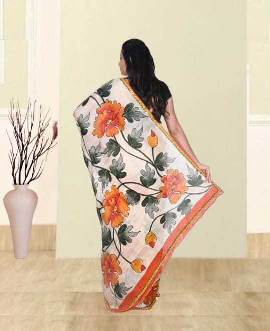 Off White Body with Multicolour Flower Hand Brush Painted and Hand Embroiderd Mulberry Katan Silk