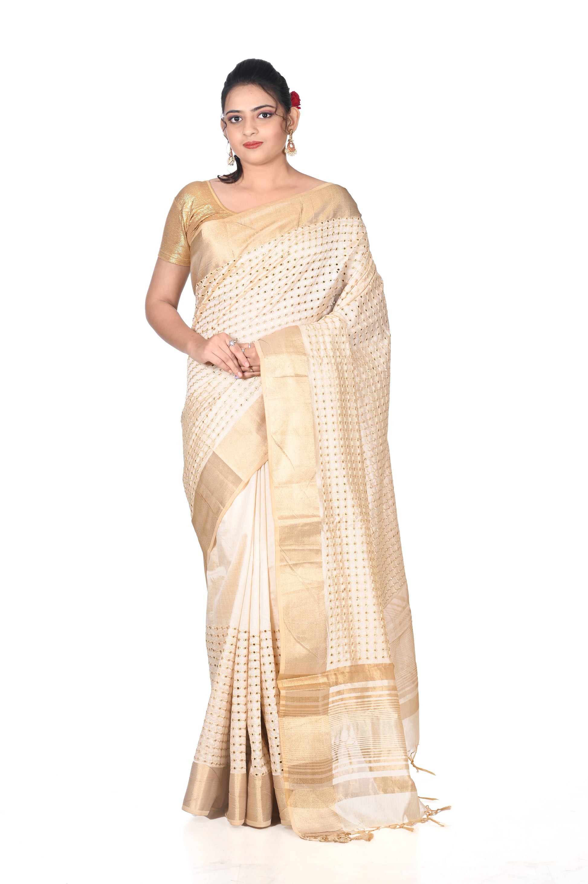Hand Cutwork Design On Pure Ganchi Tussar Silk Saree With Zari Border